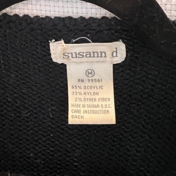 VTG Susann D 1980s Glam Color Block Sweater Medium Black White Blue Rhinestones - Picture 4 of 10